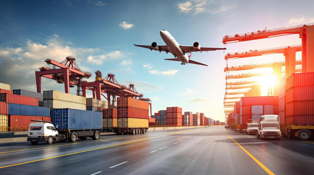 Modern multimodal cargo logistics terminal with container freight and air charter